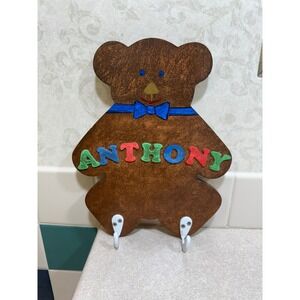Handmade Wooden Teddy Bear Wall Plaque Personalized Anthony Brown Nursery Decor